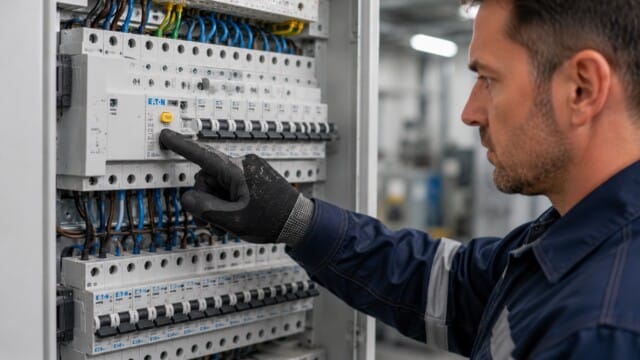 e-check.nrw – Elektriker testet einen FI-Schalter im Rahmen der Funktionsprüfung bei der DGUV V3.
