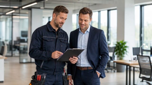 e-check.nrw – Elektriker im Gespräch mit einem Kunden über den Ablauf und Prüfumfang einer DGUV V3 Prüfung.