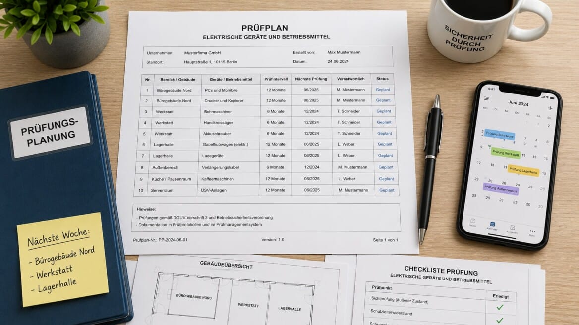 e-check.nrw – Ein Schreibtisch mit mit Handy (geöffneter Kalender App), einem Kalender und Ablaufplänen für eine DGUV V3 Prüfung.