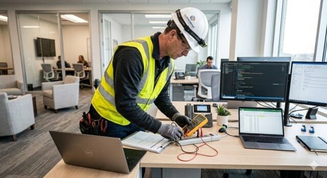 e-check.nrw – Elektriker bei einer Prüfung eines klassischen Büros im Rahmen einer Prüfung nach DGUV V3.