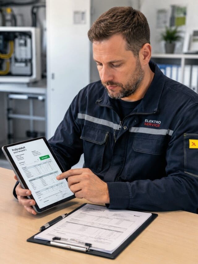 Elektriker bei der elektronischen Dokumentation der Ergebnisse im Rahmen einer Prüfung nach DGUV V3.