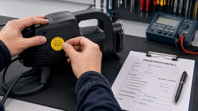 e-check.nrw – Ein Elektriker klebt eine Plakette auf ein Elektro-Kleingerät. Dokumentation und Kennzeichnung bei einer Prüfung nach DGUV V3.