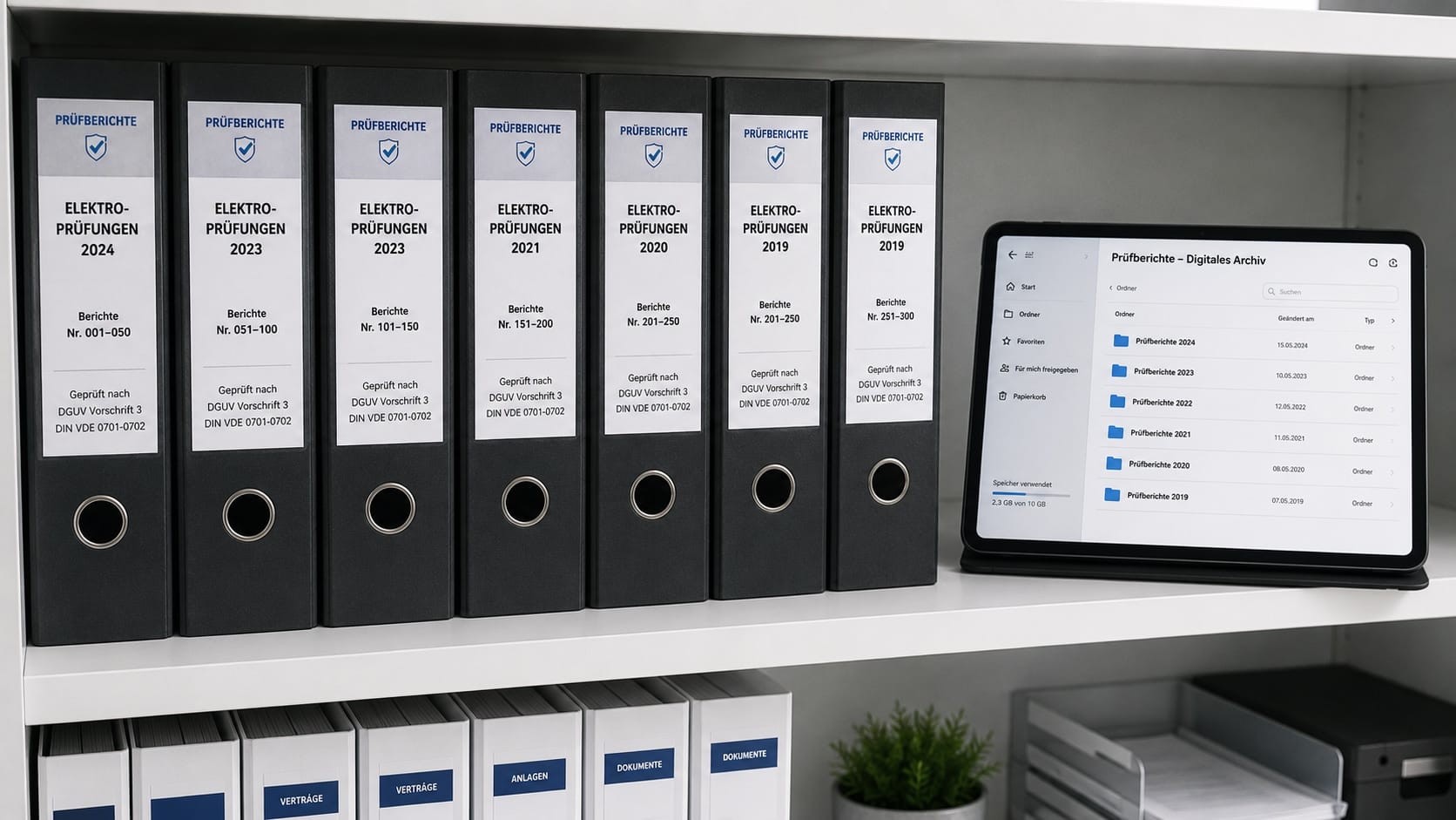 e-check.nrw – Ein Altenschrank mit Aktenordnern und DGUV V3 Prüfberichten der vergangenen Jahre. Daneben ein Tablet mit digitalem Archiv der Prüfberichte.