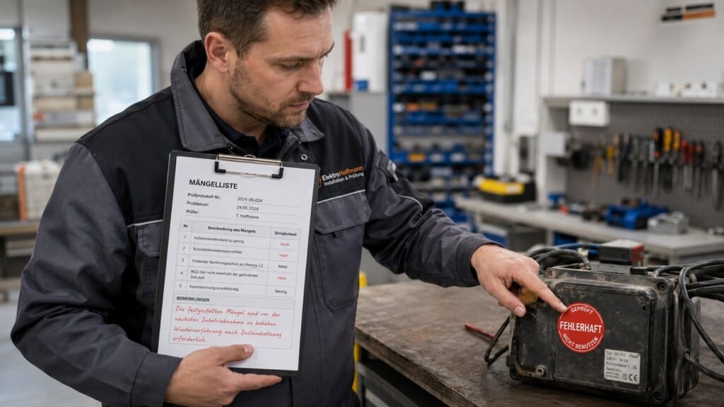 e-check.nrw – Ein Elektriker mit einem Mängelbericht einer DGUV V3 Prüfung. Auf einem Elektro-Kleingerät klebt ein roter Aufkleber mit der Aufschrift Fehlerhaft.