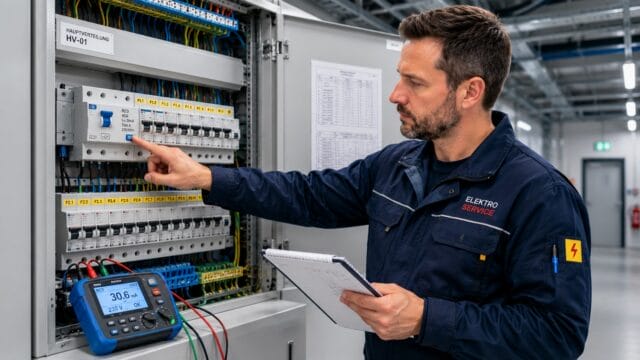 e-check.nrw – Elektriker bei der Funktionsprüfung eines Schaltschranks im Rahmen einer Prüfung nach DGUV V3.