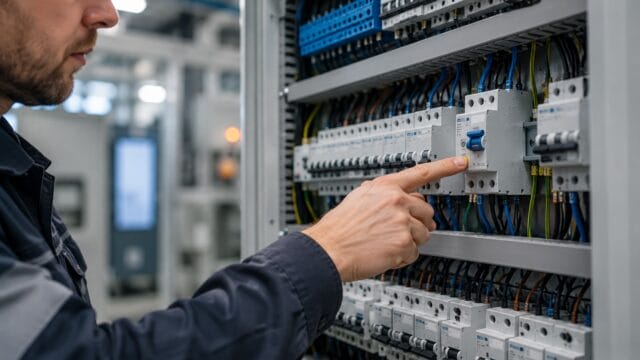 e-check.nrw – Ein Elektriker schaltet eine Sicherung in einem Sicherungsschrank wieder ein. Funktionsprüfung bei einer Prüfung nach DGUV V3.