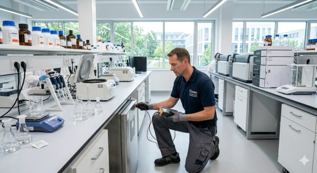 e-check.nrw – Elektriker bei einer Prüfung eines Labors im Rahmen einer Prüfung nach DGUV V3.