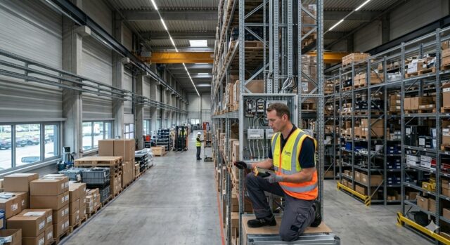 e-check.nrw – Elektriker bei einer Prüfung in einem Lager im Rahmen einer Prüfung nach DGUV V3.