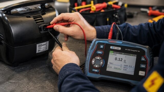 e-check.nrw – Elektriker bei der Messprüfung eines ortsveränderlichen Geräts im Rahmen einer Prüfung nach DGUV V3.
