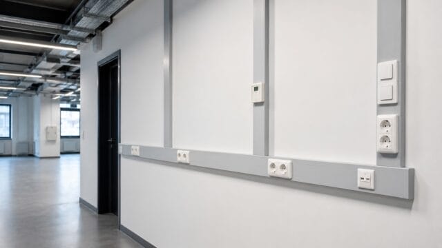 e.check.nrw – Eine Wand mit mehreren Steckdosen und Schaltern. Beispiel für Ortsfeste Anlagen bei der DGUV V3 Prüfung.