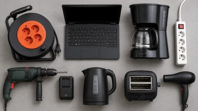 e-check.nrw – Ortsveränderliche Geräte bei einer DGUV V3 Prüfung. Kabeltrommel, Laptop, kaffeemaschine, Toaster, Bohrmaschine