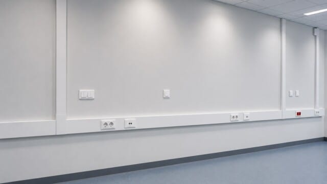 e-check.nrw.de – Eine Wand mit einer Leiste voller Steckdosen und Schalter.