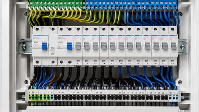 e-check.nrw.de – Nahansicht in einen geöffneten Sicherungskasten.