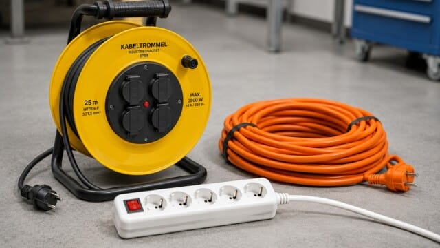 e-check.nrw – Eine Kabeltronnel, eine Mehrfachsteckdose und ein Verlängerungskabel.