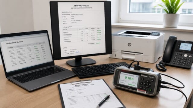 e-check.nrw – Ein Büroarbeitsplatz mit Laptop Bildschirm und Drucker.