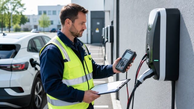 e-check.nrw – Ein Elektriker prüft draußen eine Wallbox für E-Mobilität.
