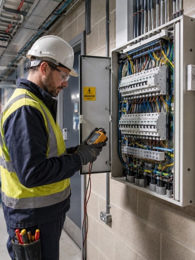 e-check.nrw – Elektriker bei einer Prüfung eines Schaltschrankes im Rahmen einer Prüfung nach DGUV V3.