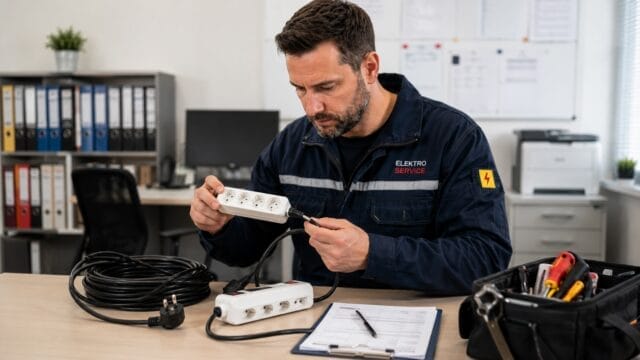 e-check.nrw – Elektriker bei der Sichtprüfung einer Steckdosenleiste im Rahmen einer Prüfung nach DGUV V3.