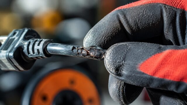 e-check.nrw – Ein beschädigtes kabel an einem Elektrogerät. Sichtprüfung bei einer Prüfung nach DGUV V3.