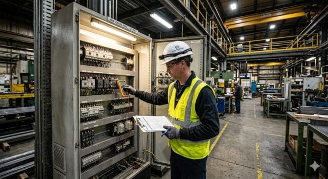 e-check.nrw – Elektriker bei einer Prüfung eines Schaltschrankes im Rahmen einer Prüfung nach DGUV V3.