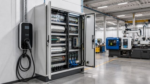 e-check.nrw – Ein offner Schaltschrank in einer Werkhalle und eine Elektro-Ladestation. Maschinen, Verteiler, E-Mobilität bei einer DGUV V3 Prüfung.