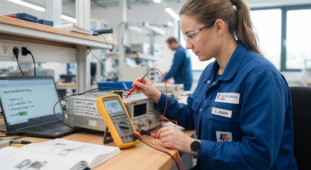 e-check.nrw – Elektikerin bei der Messung von elektrischen Werten. Messprüfung bei der DGUV V3 Prüfung.