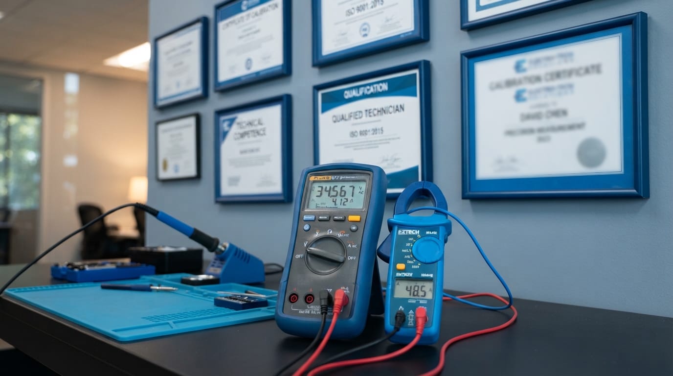 e-check.nrw – Ein aufgeräumter und sauberer Arbeitsplatz eines Technikers. An der Wand im Hintergrund befinden sich verschiedene Diplome.