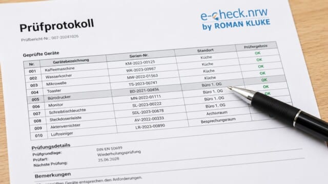 e.check.nrw – Prüfprotokoll zur Dokumentation einer DGUV V3 Prüfung.