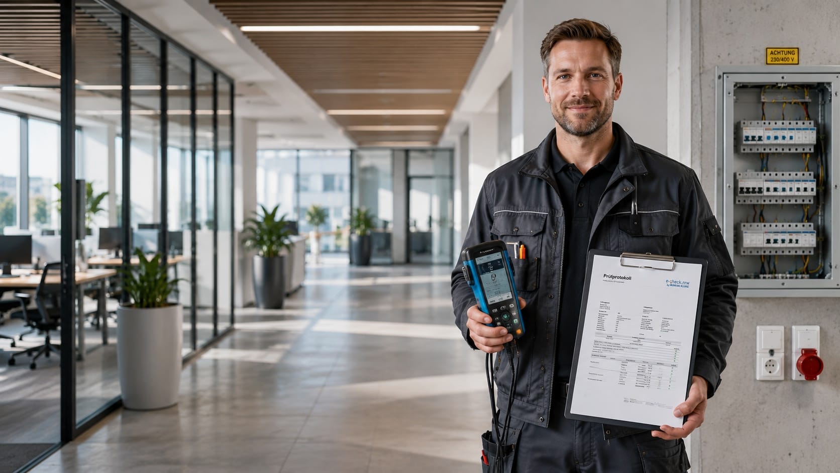 e-check.nrw – Ein Elektriker mit einem Prüfgeräz und einem Prüfprotokoll in den Händen befindet sich in einem Geschäftsgebäude.