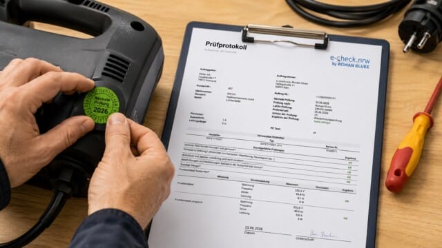 e-check.nrw – Ein Elektriker klebt eine Prüfplakette nach bestandener DGUV V3 Prüfung auf ein Gerät. daneben liegt der entsprechende prüfbericht.