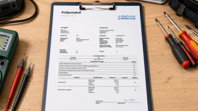 e-check.nrw – Der Prüfbericht einer DGVUV V3 Prüfung auf einem Klemmbrett.