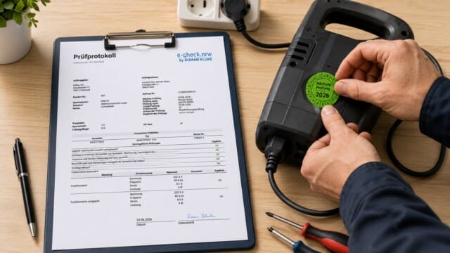 e-check.nrw – Eine Prüfplakette für eine bestandene DGUV V§ Prüfung wird fest geklebt.