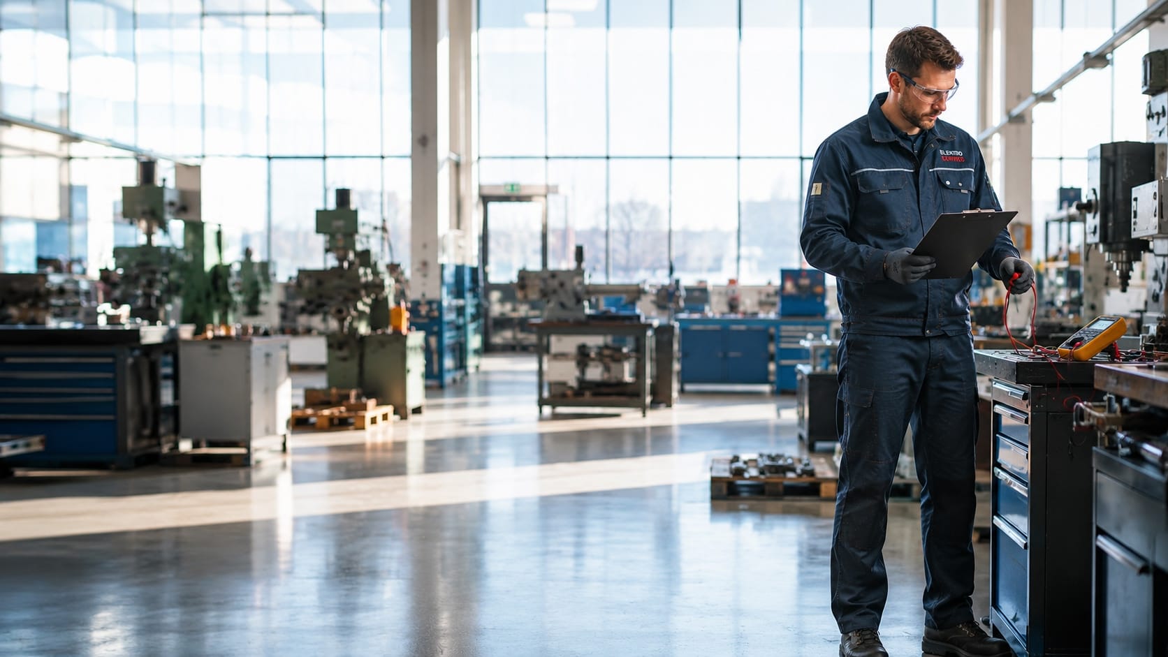 e-check.nrw – Ein Elektriker steht mit einem Klemmbrett in einer Werhalle.